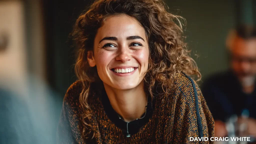 A female smiling during a confidence coaching session.