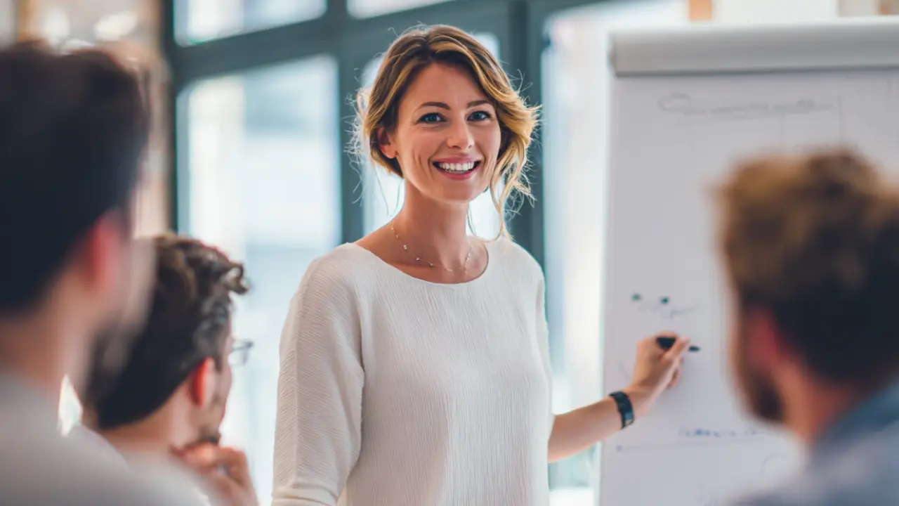 Young woman delivering training to a group of managers.