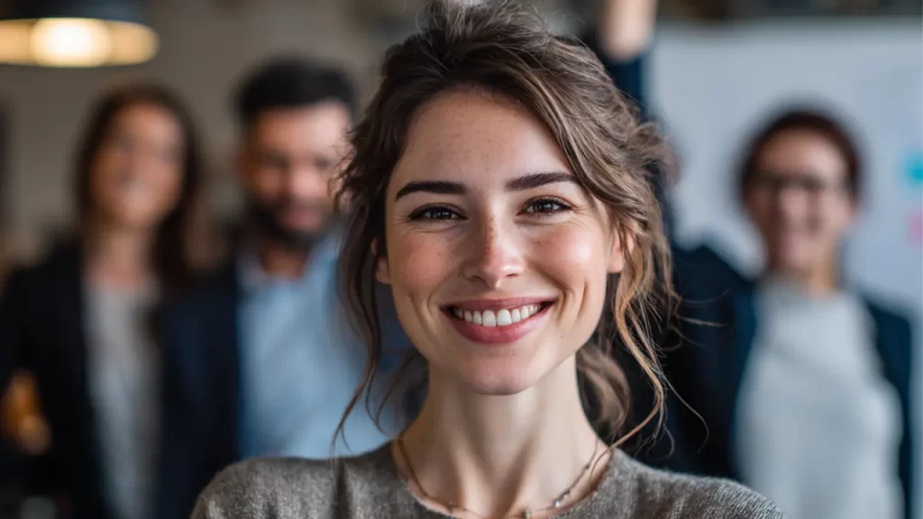 A young manager smiling with her motivated team behind her.